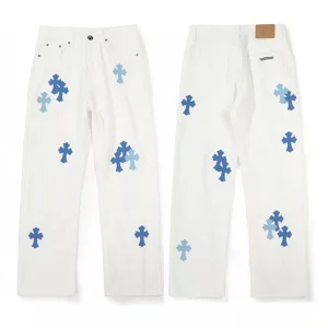 Chrome Hearts St Barth Baby Blue Cross Patch White Jeans