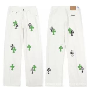 Chrome Hearts White Jeans with Neon Green and Zebra Cross Patches
